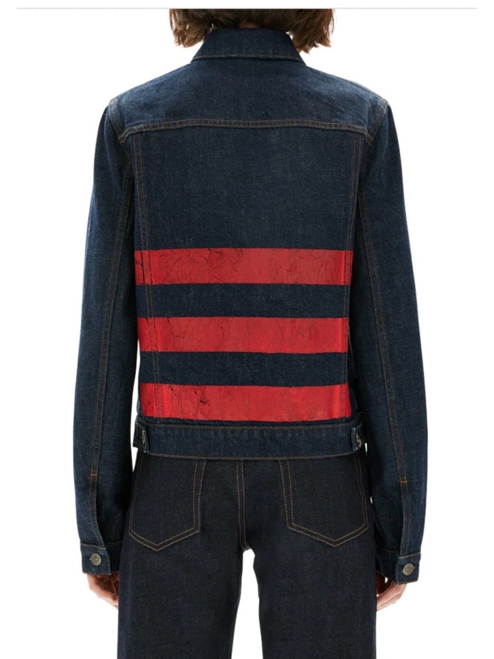 HELMUT LANG Indigo Denim Jacket with Red Stripes on Back